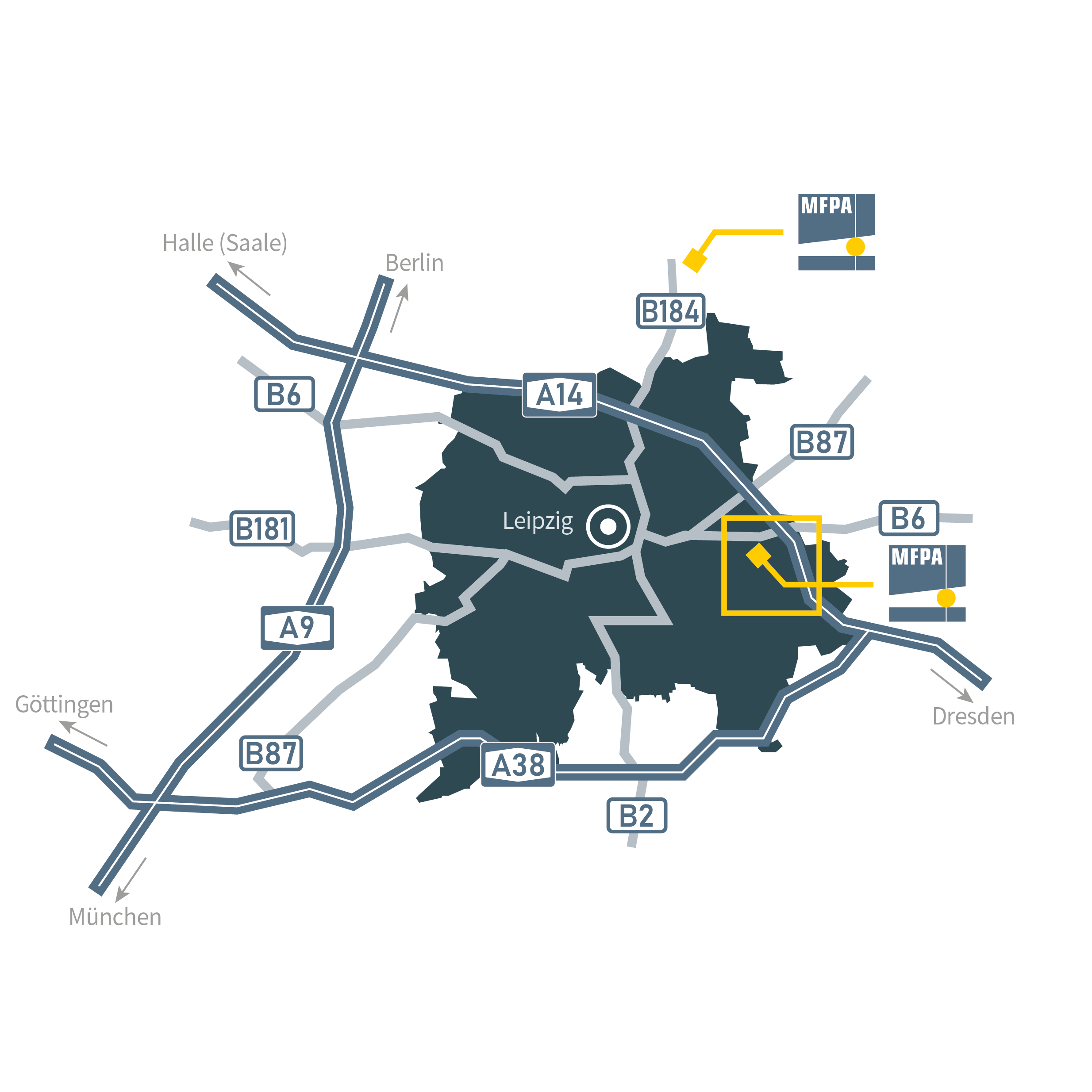 Illustrierte Skizze des Großraums Leipzig zur Mrkierung der MFPA Standorte 