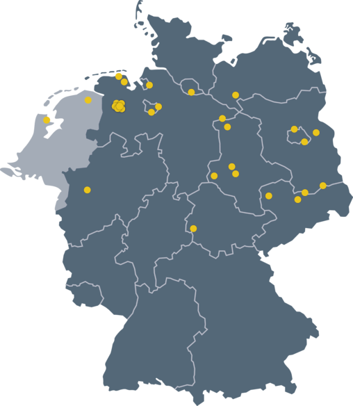 Illustrierte Übersichtskarte Deutschland und Niederlande mit Standorten zum BELFA Einsatz