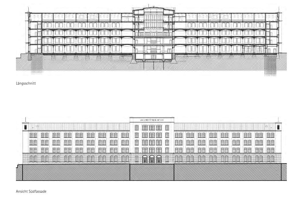 Technische Zeichnung Ansicht Zentralbibliothek TU Chemnitz mit Längsschnitt