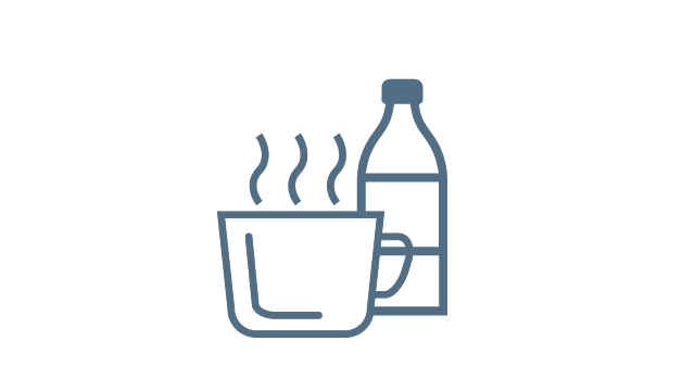 Stilisierte Darstellung einer dampfenden Tasse Kaffee/Tee und einer Wasserflasche